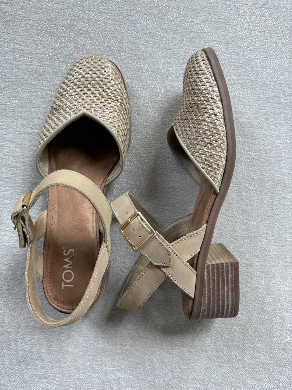 TOMS Jaclyn Heel Beige Woven Block Heel Sandals with Gold Buckle